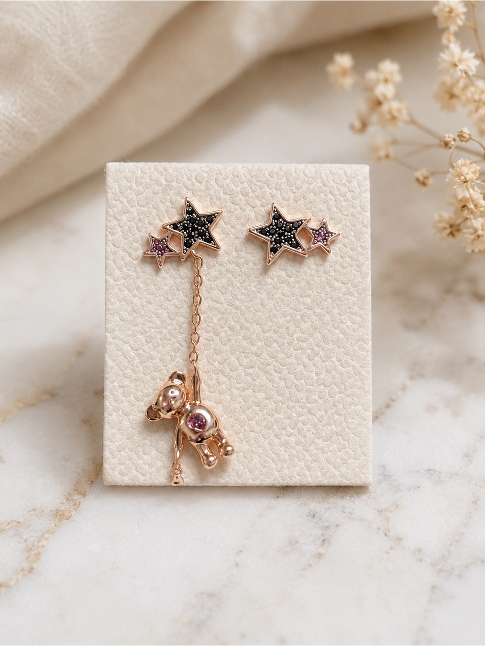 Rose Gold Star & Teddy Drop Earrings in Black and Pink vermeil 925